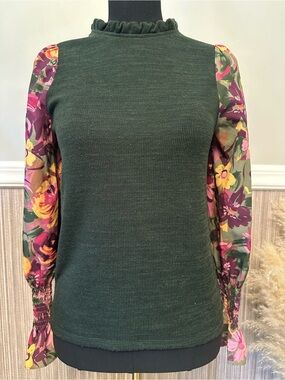 THML XS Forest Green Floral Chiffon Sleeve Ruffle Neck Mixed Media Top
